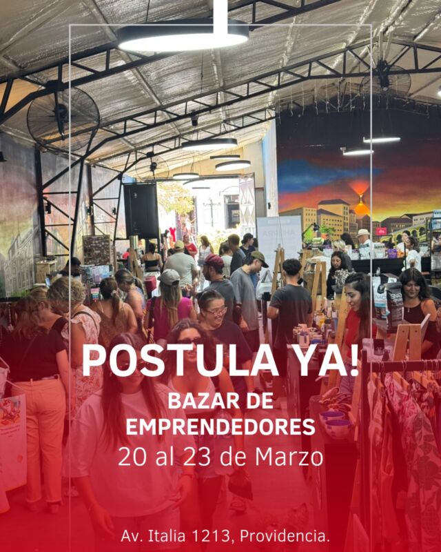 Cupos Disponibles!
Bazar de Emprendedores,
20 al 23 de Marzo.
.
Escríbenos y únete a esta experiencia.
Es momento de proyectar tu emprendimiento.
.
Estamos en el barrio más visitado de Santiago; Av. Italia 1213, Providencia.
.
Escríbenos Ya!