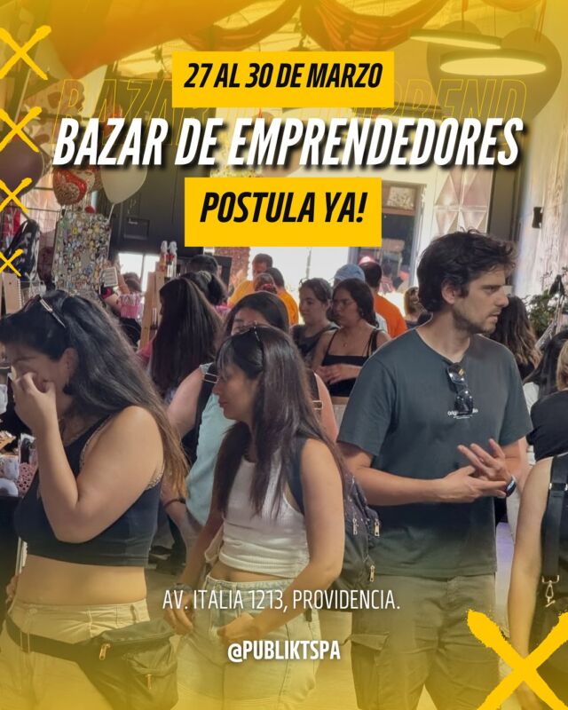 Postula Ya!
Bazar de Emprendedores del 27 al 30 de Abril.
Súmate al mejor fin de semana del mes.
Escríbenos y únete!
.
Estamos en el barrio más visitado de Santiago; Av. Italia 1213, Providencia.
.
Es momento de proyectar tu emprendimiento.