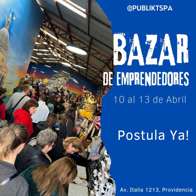 Bazar de Emprendedores!
Cupos disponibles para el 10 al 13 de Abril.
Escríbenos y únete!
.
Contamos con un espacio único en el barrio, además gran afluencia de público.
Es momento de proyectar tu emprendimiento y que mejor manera que sea en el mejor espacio del barrio Italia.
.
Postula Ya!